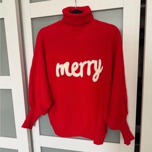 Red Turtleneck Sweater with 'Merry' Design
